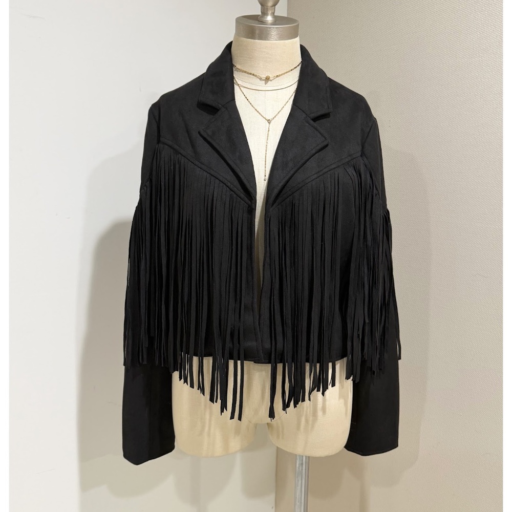 REVEROF Women's Black Faux Suede Leather Fringe Jacket Size L Western Cow Girl - Picture 3 of 10